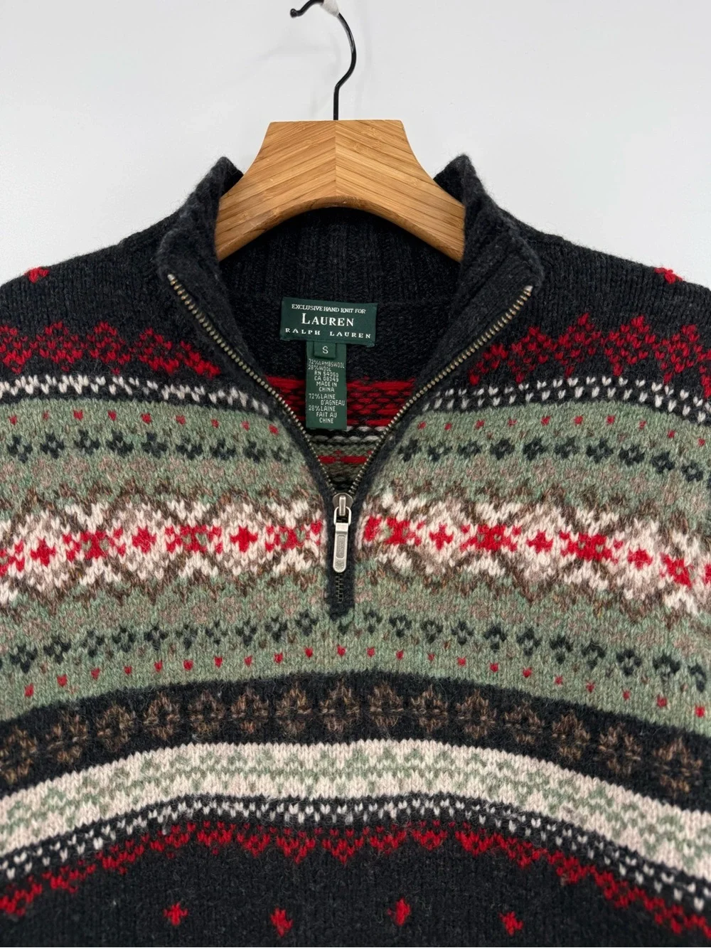 Ralph Lauren Lambswool Nordic Fair Isle Quarter Zip Hand Knit Sweater Size S